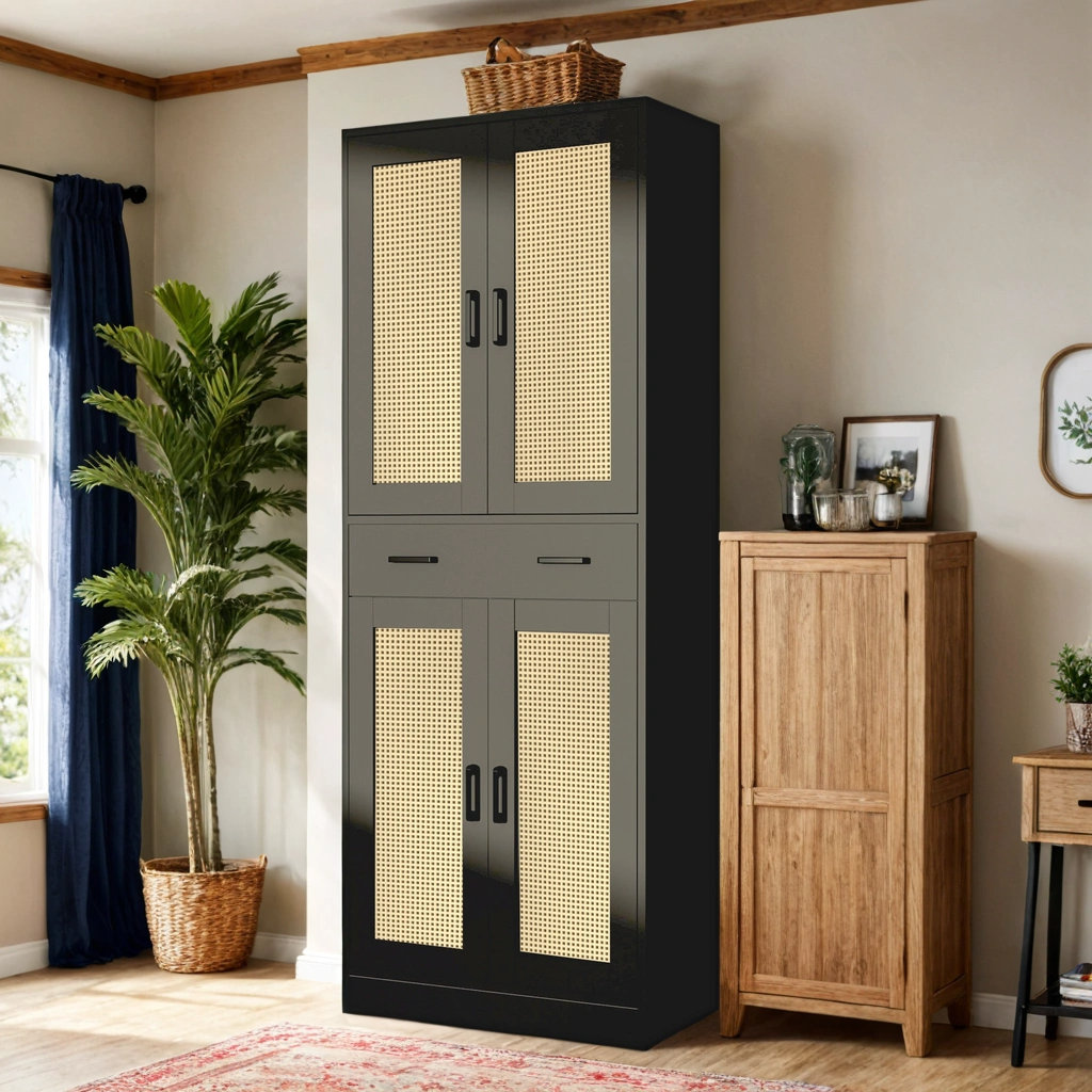 Bay Isle Home??? Oak Rattan Pantry Cabinet, 71" Tall Kitchen Pantry Storage Cabinet With Doors And ...